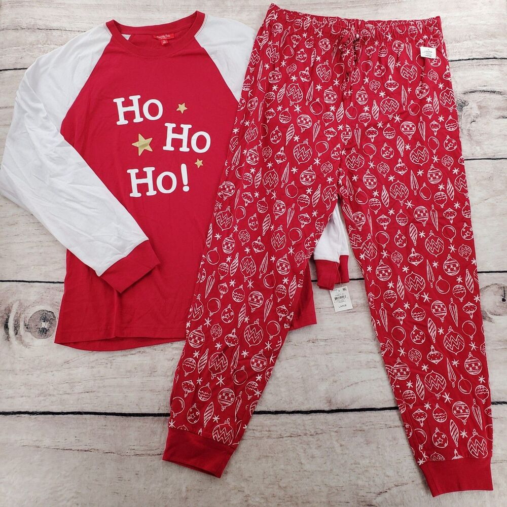 Macys Family PJs Mens L Red Matching Pajama Set Ho Ho Ho Shirt Ornaments Pants